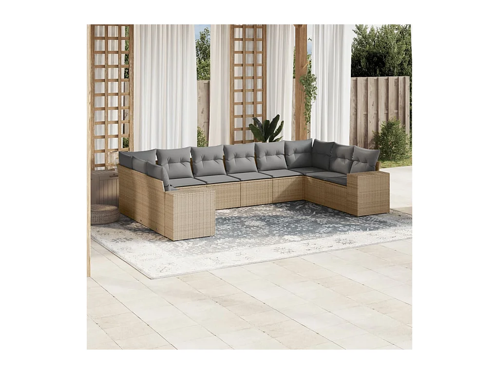 10 pcs conjunto de sofás p/ jardim com almofadões vime PE bege
