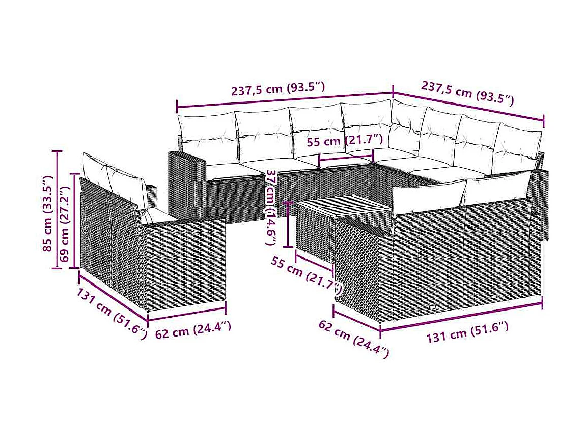 Salon de jardin 12 pcs avec coussins noir résine tressée