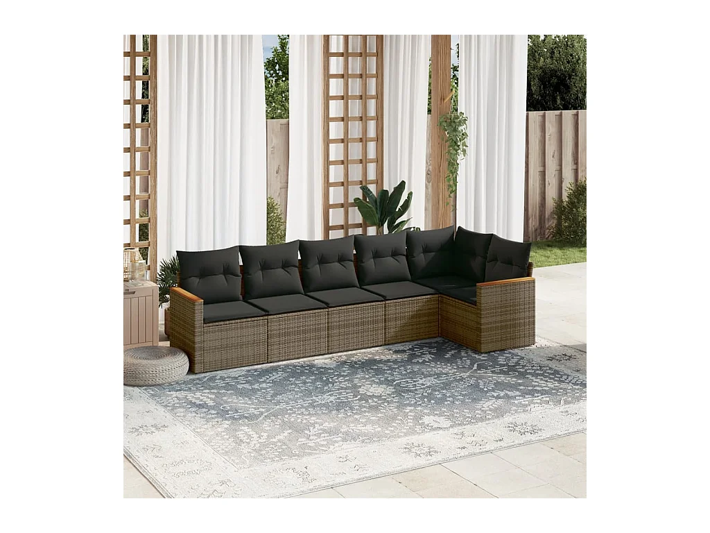 6-delige Loungeset met kussens poly rattan grijs