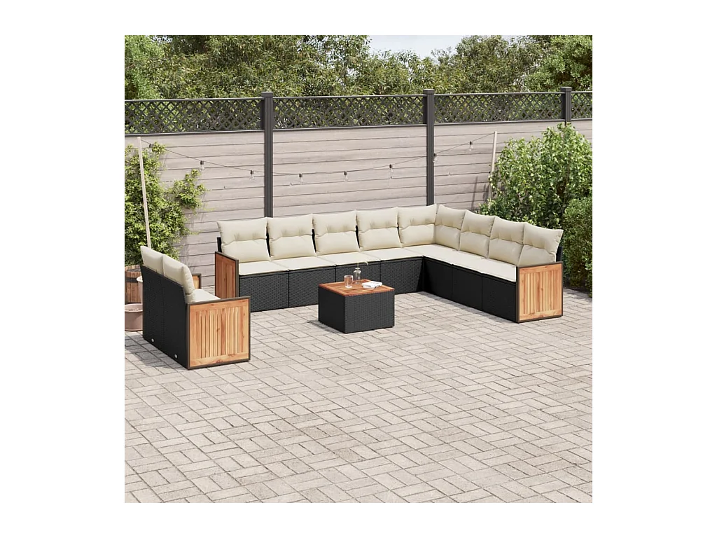 Salon de jardin 11 pcs avec coussins noir résine tressée