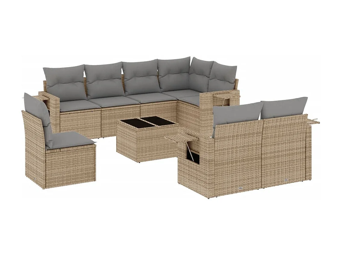 Set Divano da Giardino 9 pz con Cuscini Beige in Polyrattan