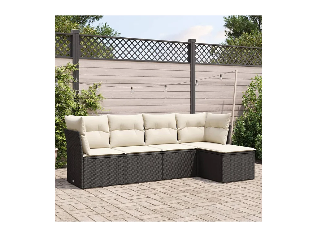 5-delige Loungeset met kussens poly rattan zwart