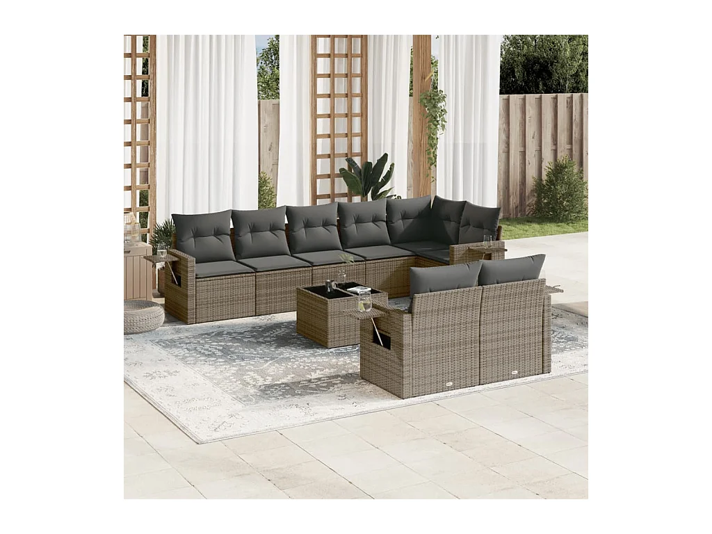 Salon de jardin 9 pcs avec coussins gris résine tressée
