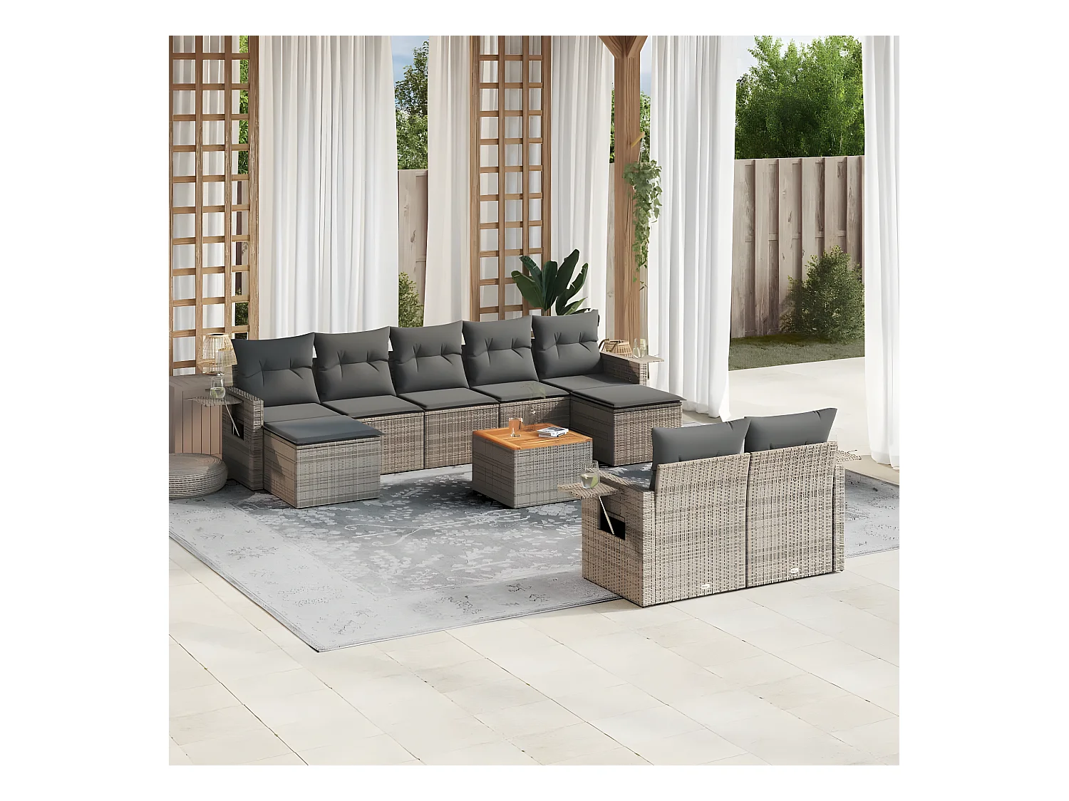 Set Divano da Giardino 10 pz con Cuscini Grigio in Polyrattan