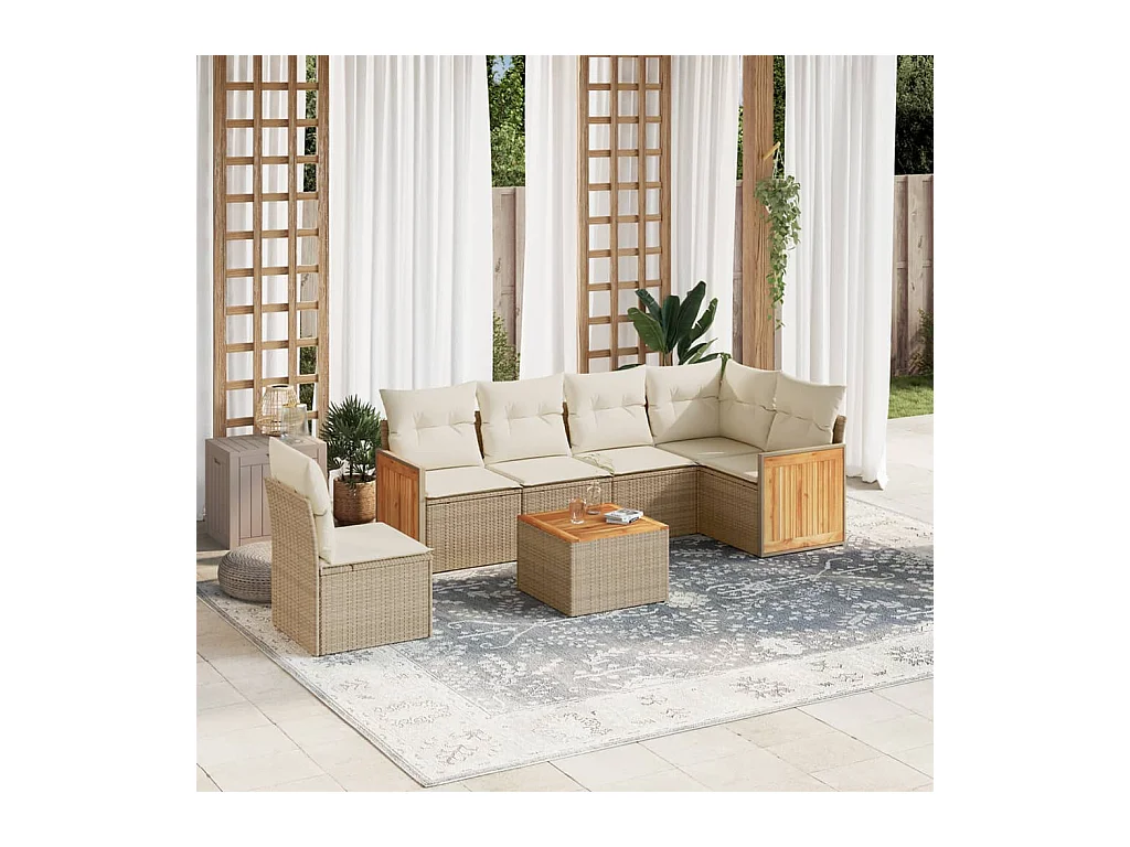 Set Divani da Giardino 7 pz con Cuscini Beige in Polyrattan