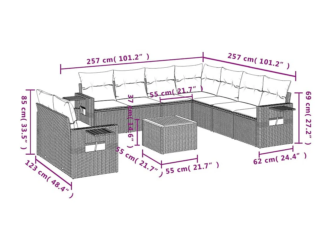 Set Divano da Giardino 10 pz con Cuscini Beige Misto Polyrattan
