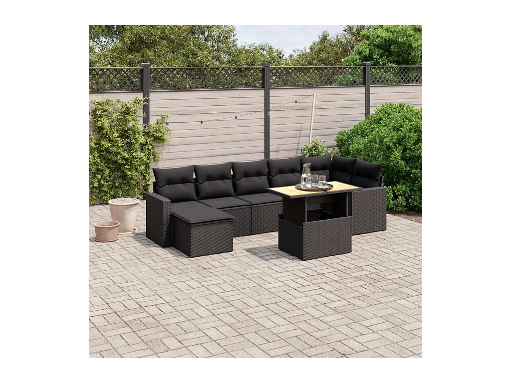 Salon de jardin 8 pcs avec coussins noir résine tressée