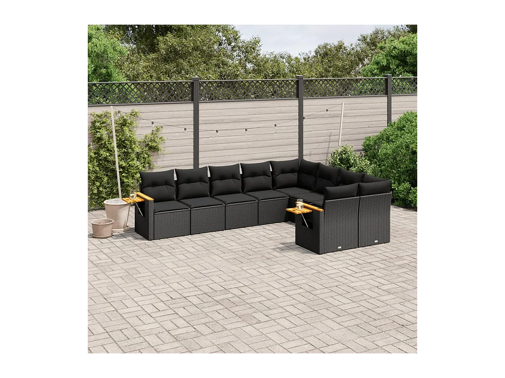 Salon de jardin 9 pcs avec coussins noir résine tressée