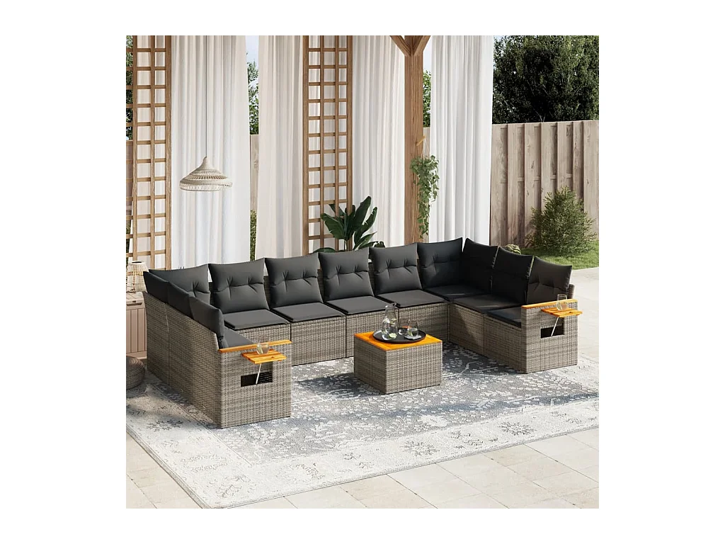 Set Divani da Giardino 11 pz con Cuscini in Polyrattan Grigio