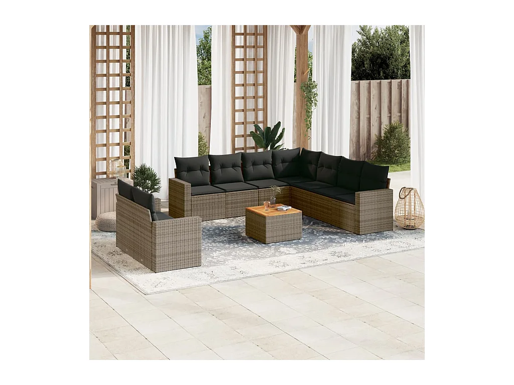 10-delige Loungeset met kussens poly rattan grijs
