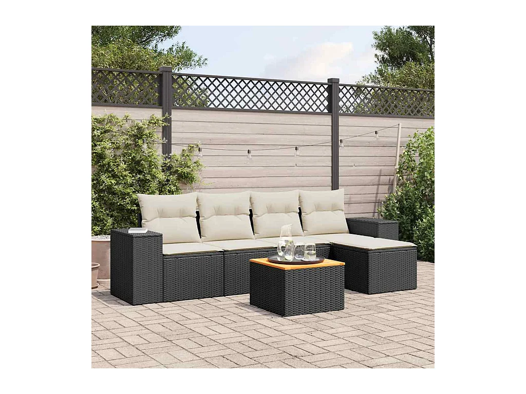 Set Divano da Giardino 6 pz con Cuscini Nero in Polyrattan