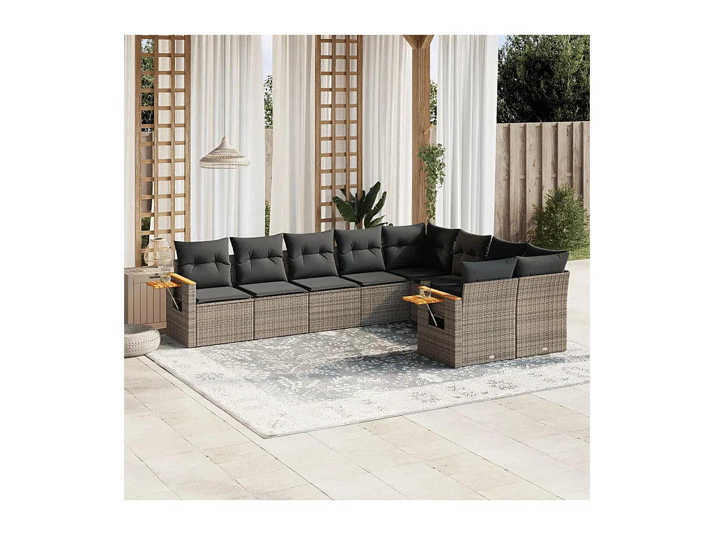 Set Divano da Giardino 9 pz con Cuscini Grigio in Polyrattan