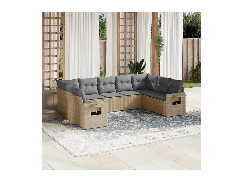 Salon de jardin avec coussins 9 pcs beige résine tressée