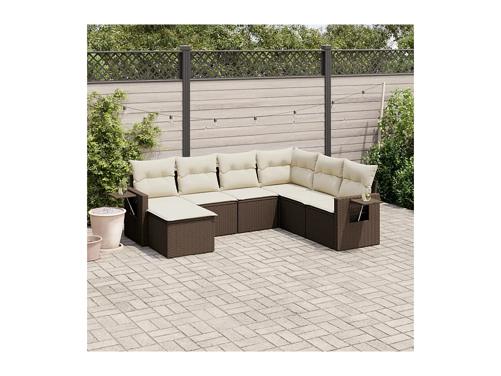 Salon de jardin avec coussins 7 pcs marron résine tressée