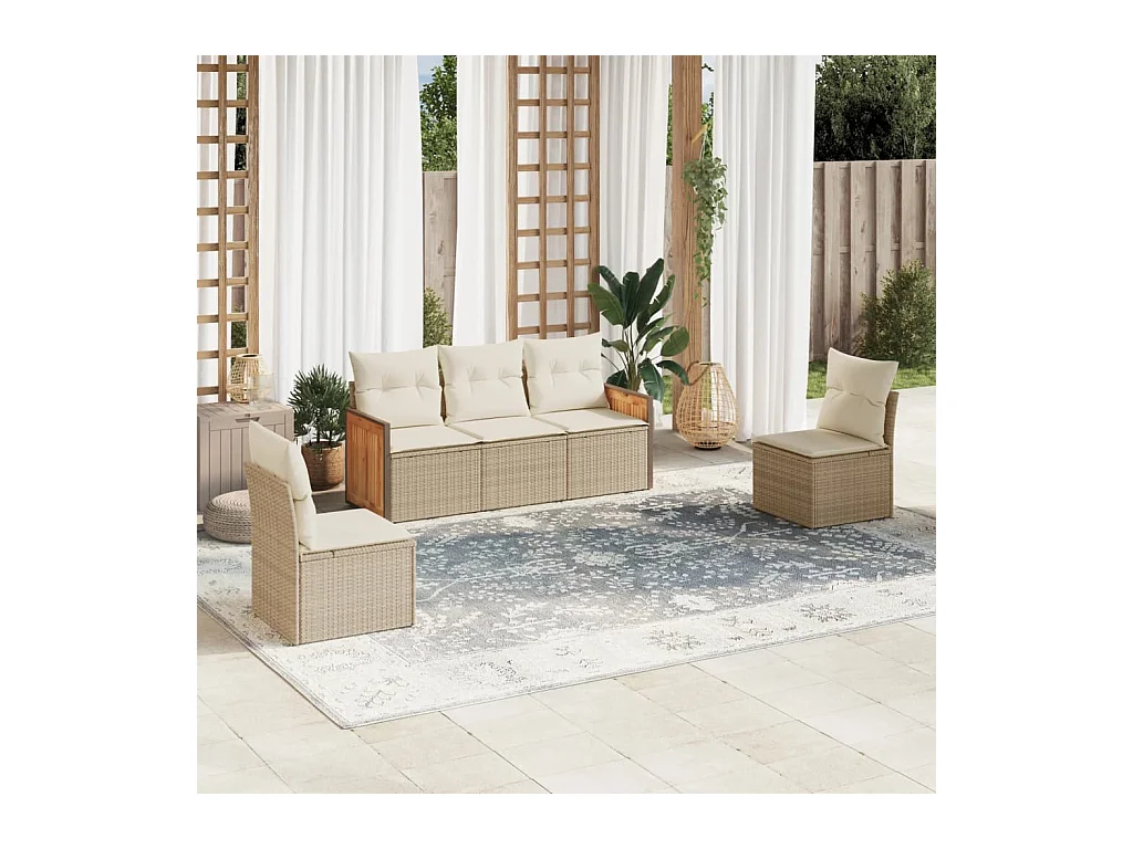 5-delige Loungeset met kussens poly rattan beige