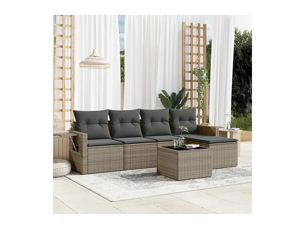 Set Divano da Giardino 6 pz con Cuscini Grigio in Polyrattan