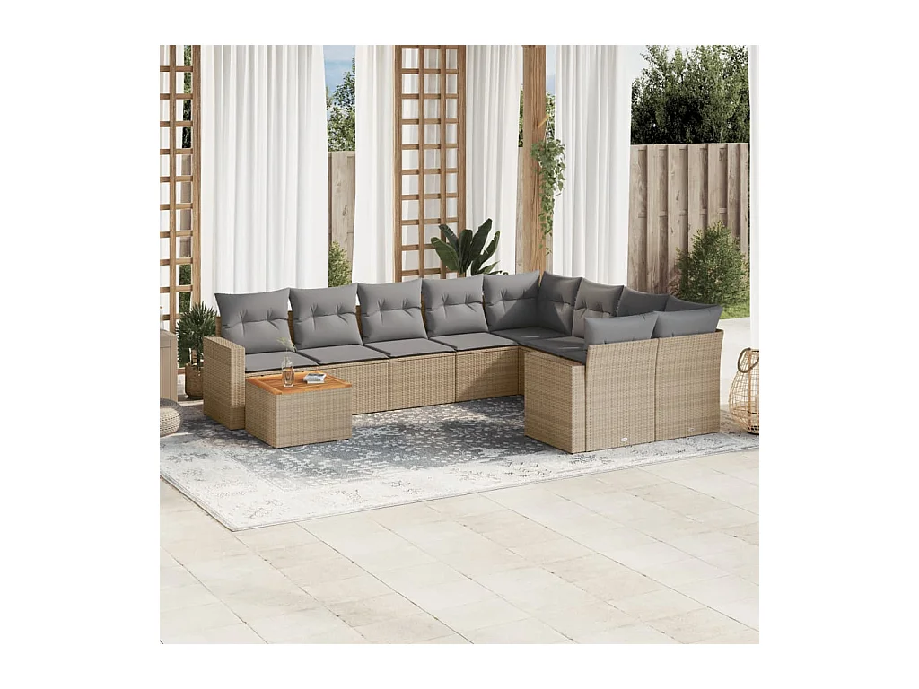 10-tlg. Garten-Sofagarnitur mit Kissen Beige Poly Rattan