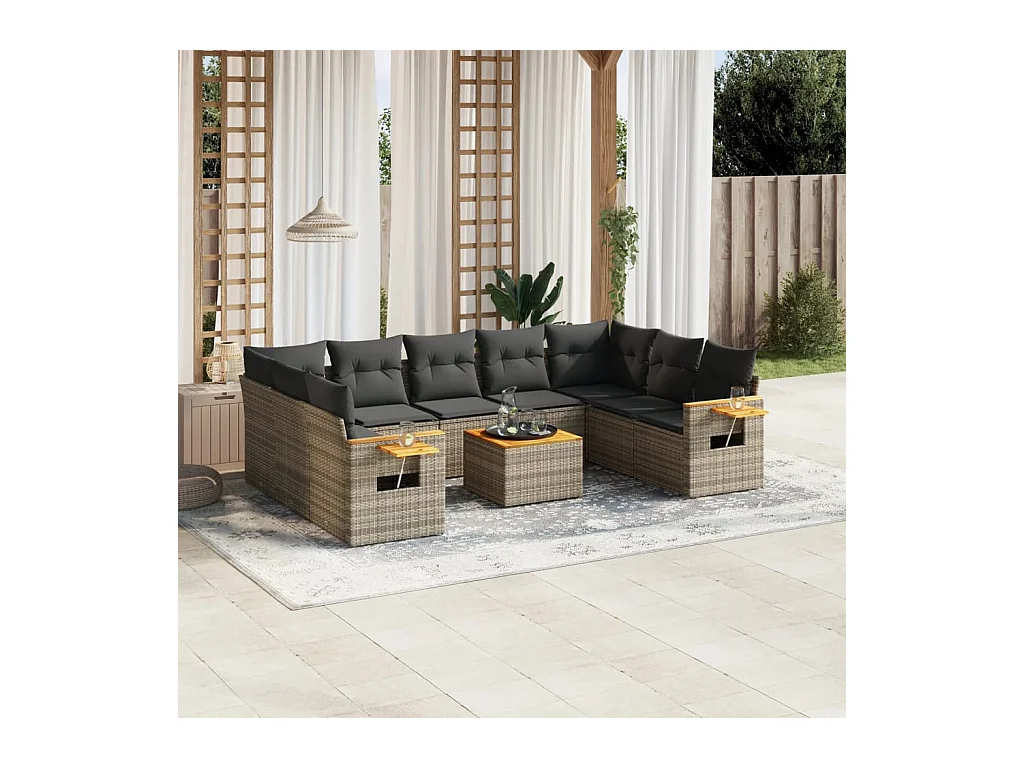 Set de sofás de jardín 10 pzas con cojines ratán sintético gris