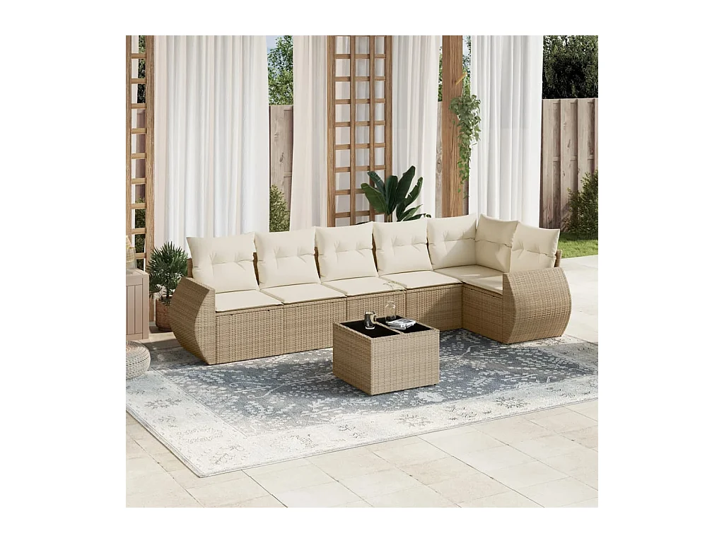 Salon de jardin avec coussins 7 pcs beige résine tressée