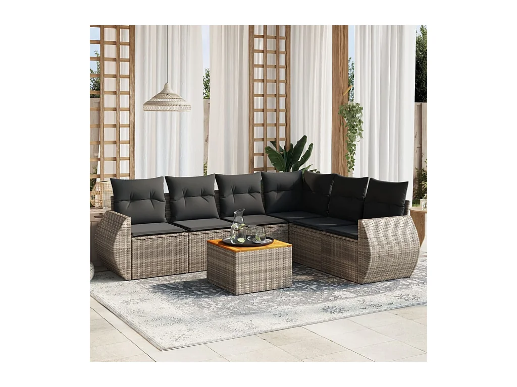 Set de sofás de jardín 7 piezas con cojines ratán PE gris