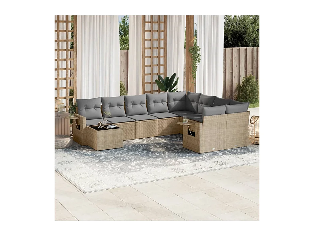 Salon de jardin avec coussins 10 pcs beige résine tressée
