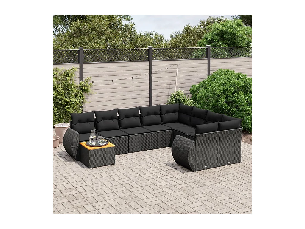 Salon de jardin 10 pcs avec coussins noir résine tressée
