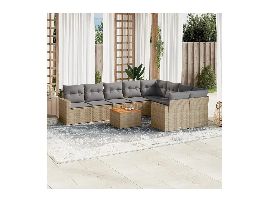 10-tlg. Garten-Sofagarnitur mit Kissen Beige Poly Rattan