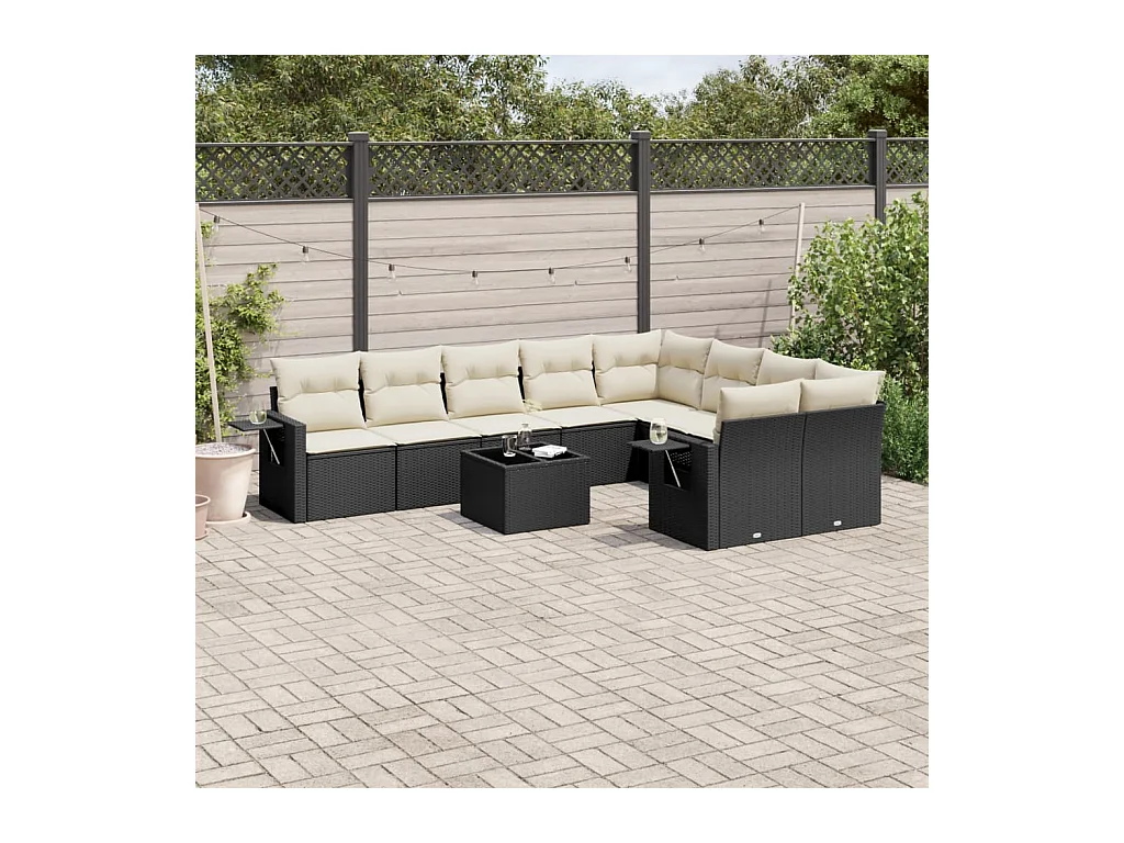 10-delige Loungeset met kussens poly rattan zwart