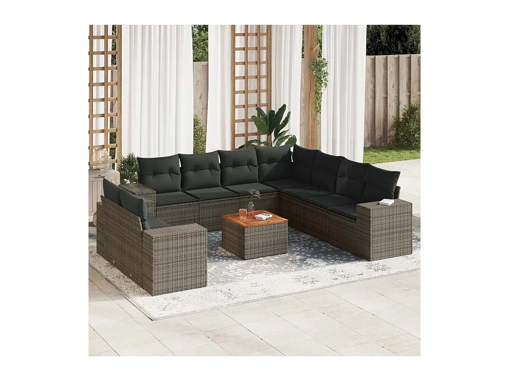 Salon de jardin avec coussins 10 pcs gris résine tressée