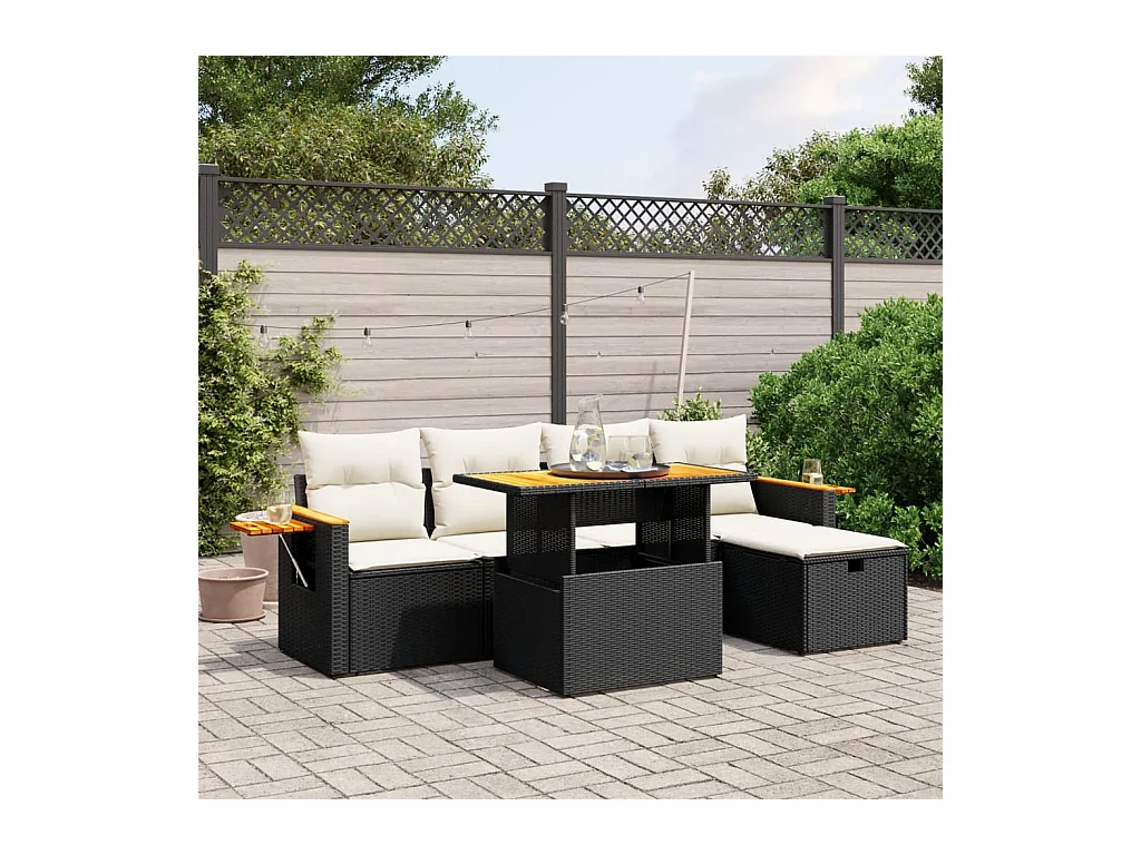 Salon de jardin 6 pcs avec coussins noir résine tressée