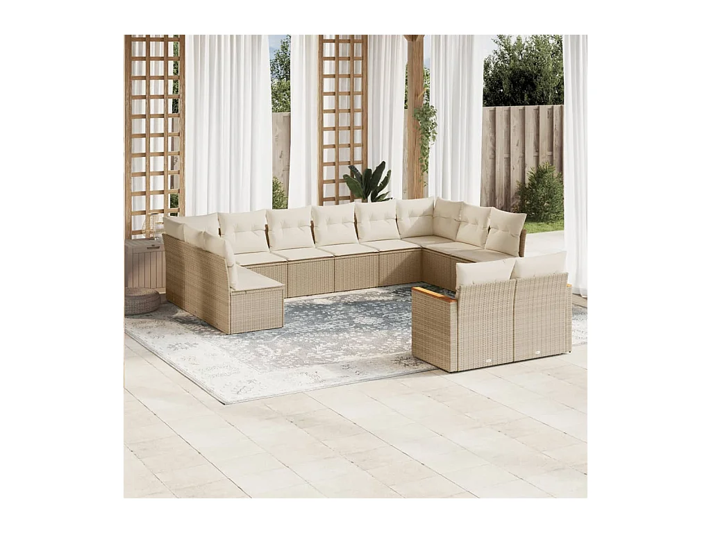 Salon de jardin avec coussins 12 pcs beige résine tressée
