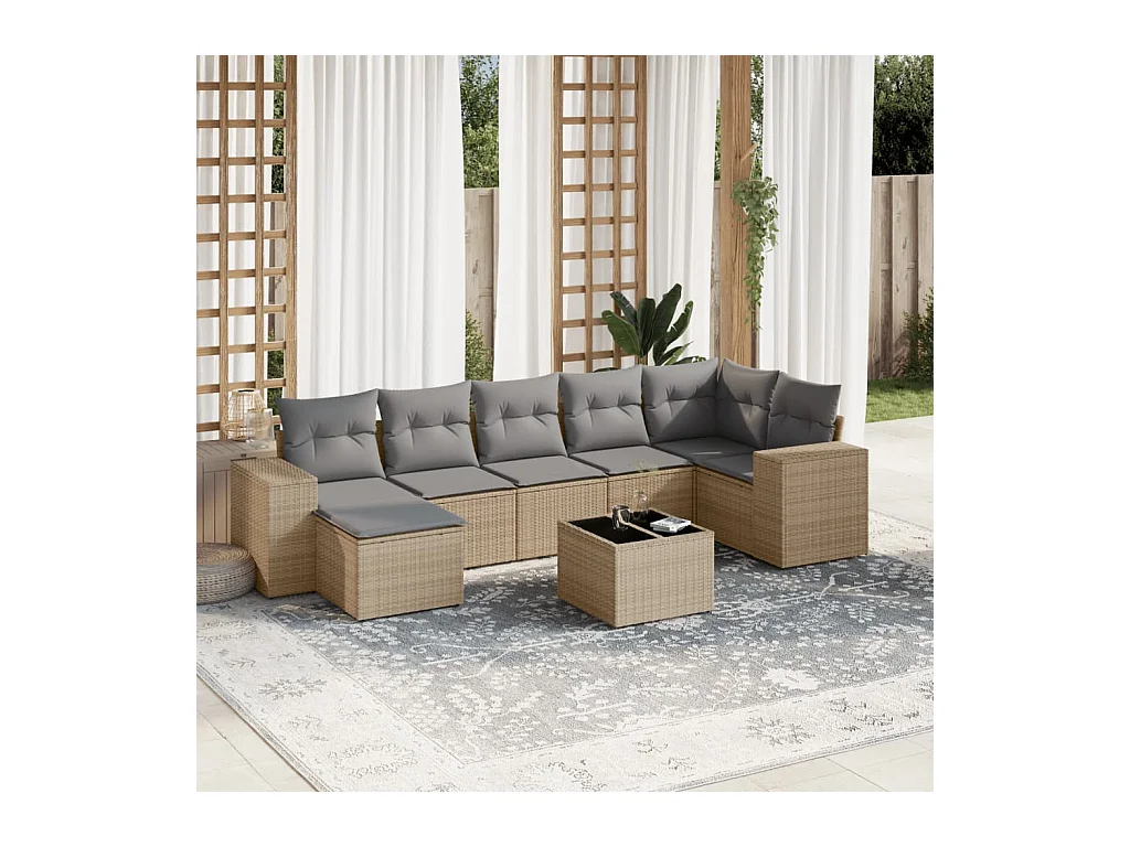 8 pcs conjunto de sofás p/ jardim com almofadões vime PE bege