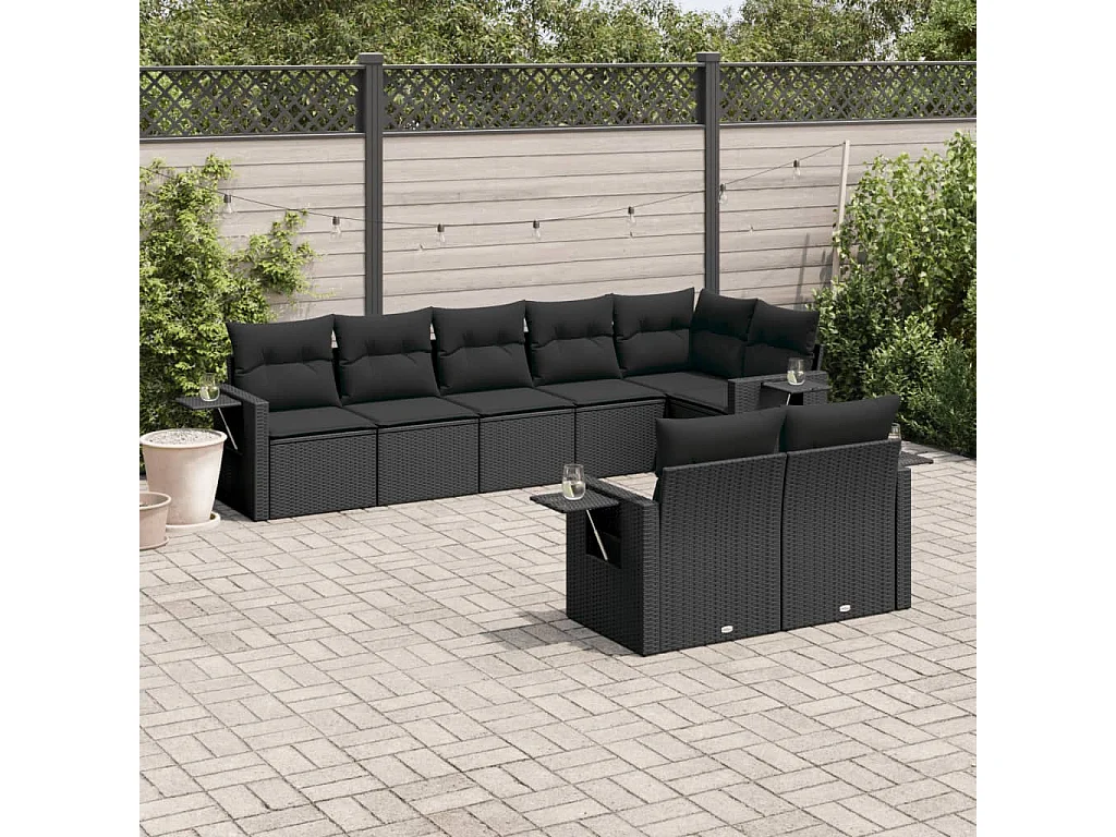 8-tlg. Garten-Sofagarnitur mit Kissen Schwarz Poly Rattan