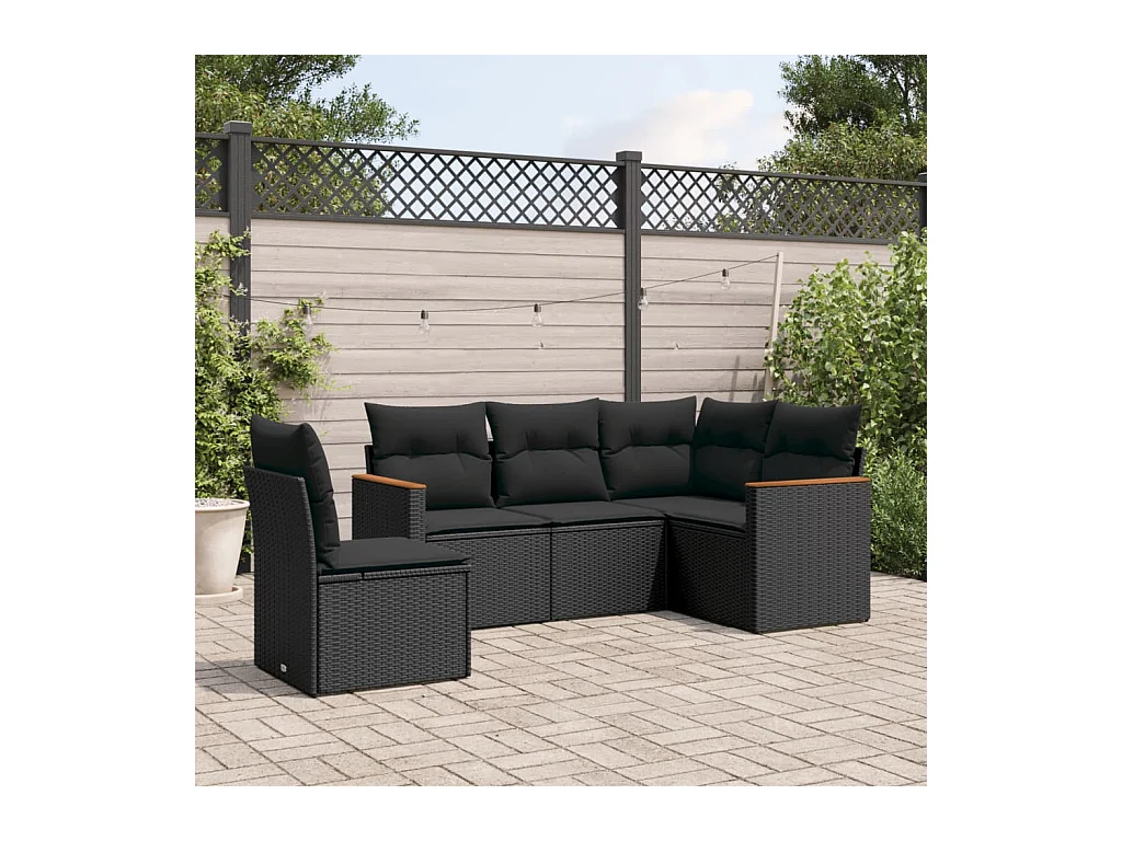 5-tlg. Garten-Sofagarnitur mit Kissen Schwarz Poly Rattan
