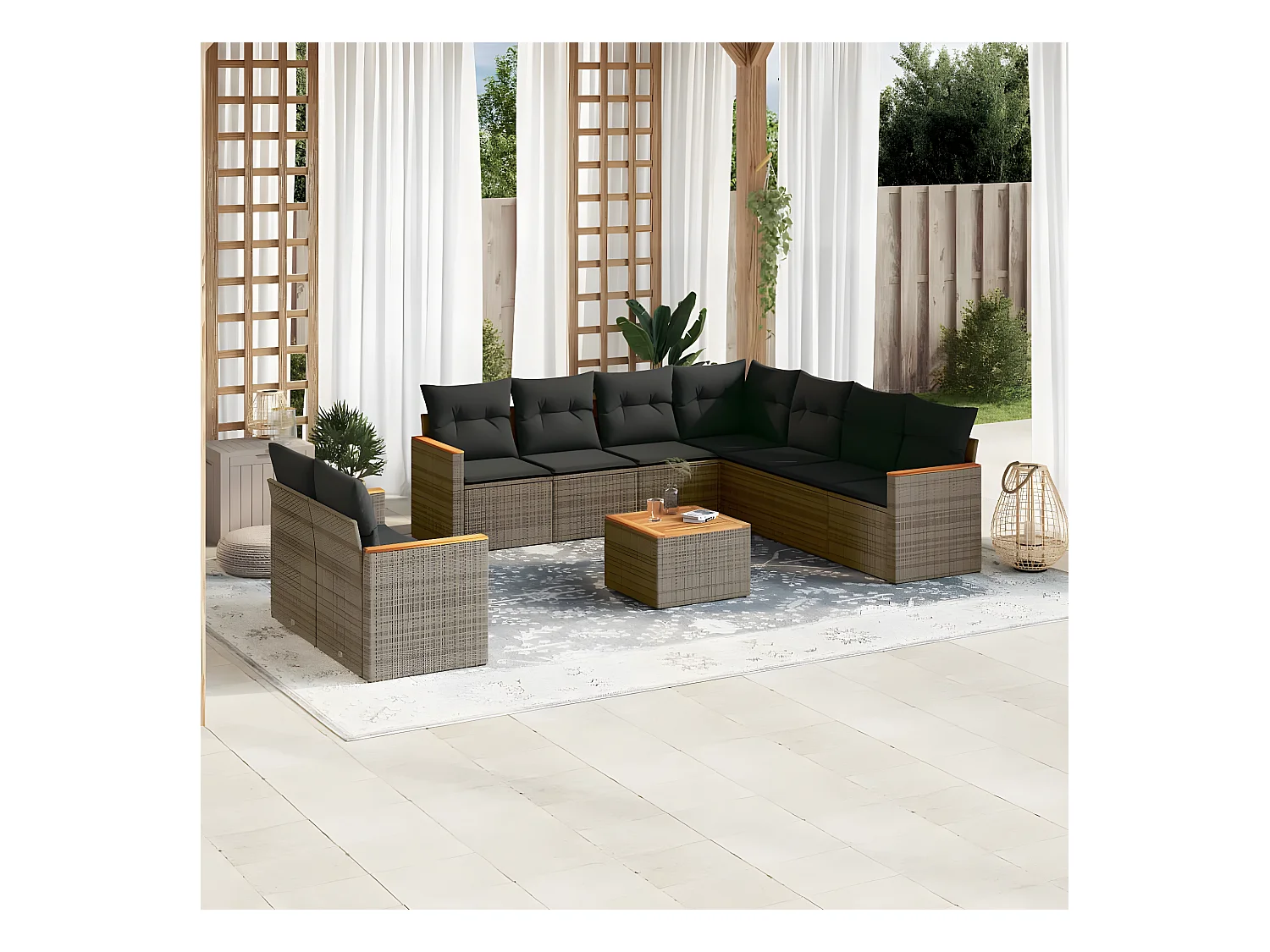 Set Divano da Giardino 10 pz con Cuscini Grigio in Polyrattan