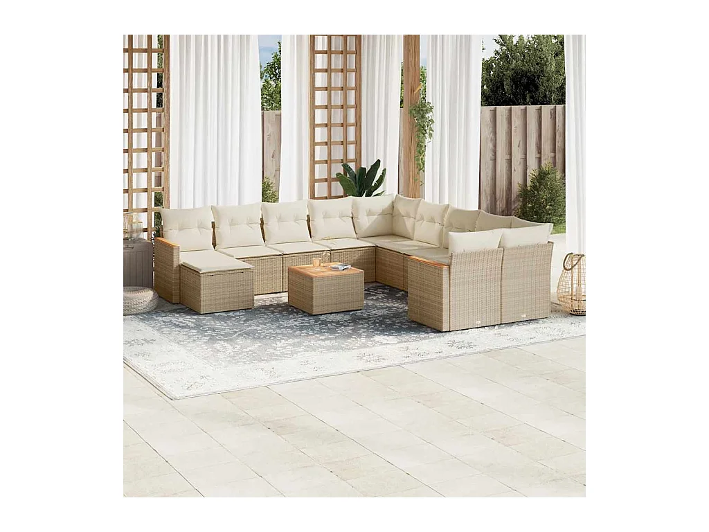 Salon de jardin avec coussins 12 pcs beige résine tressée