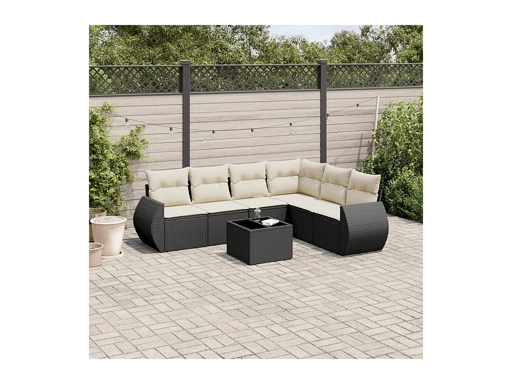 Salon de jardin 7 pcs avec coussins noir résine tressée