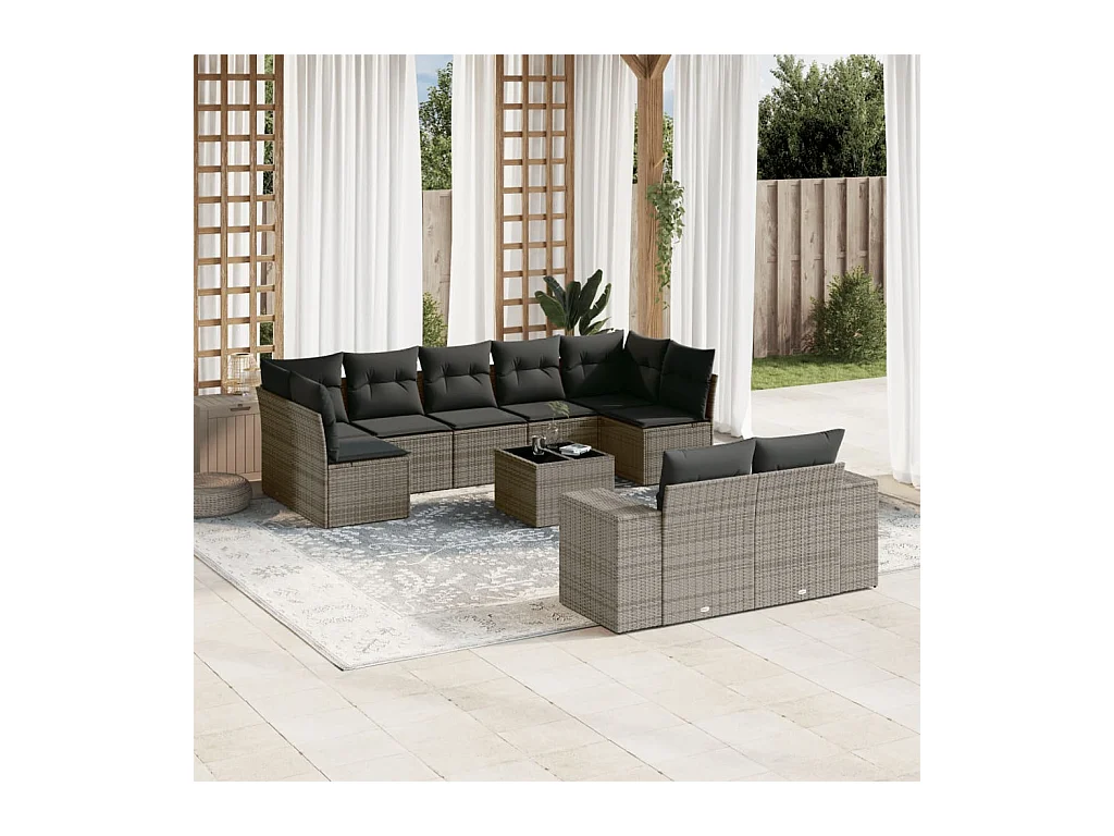 Salon de jardin avec coussins 10 pcs gris résine tressée