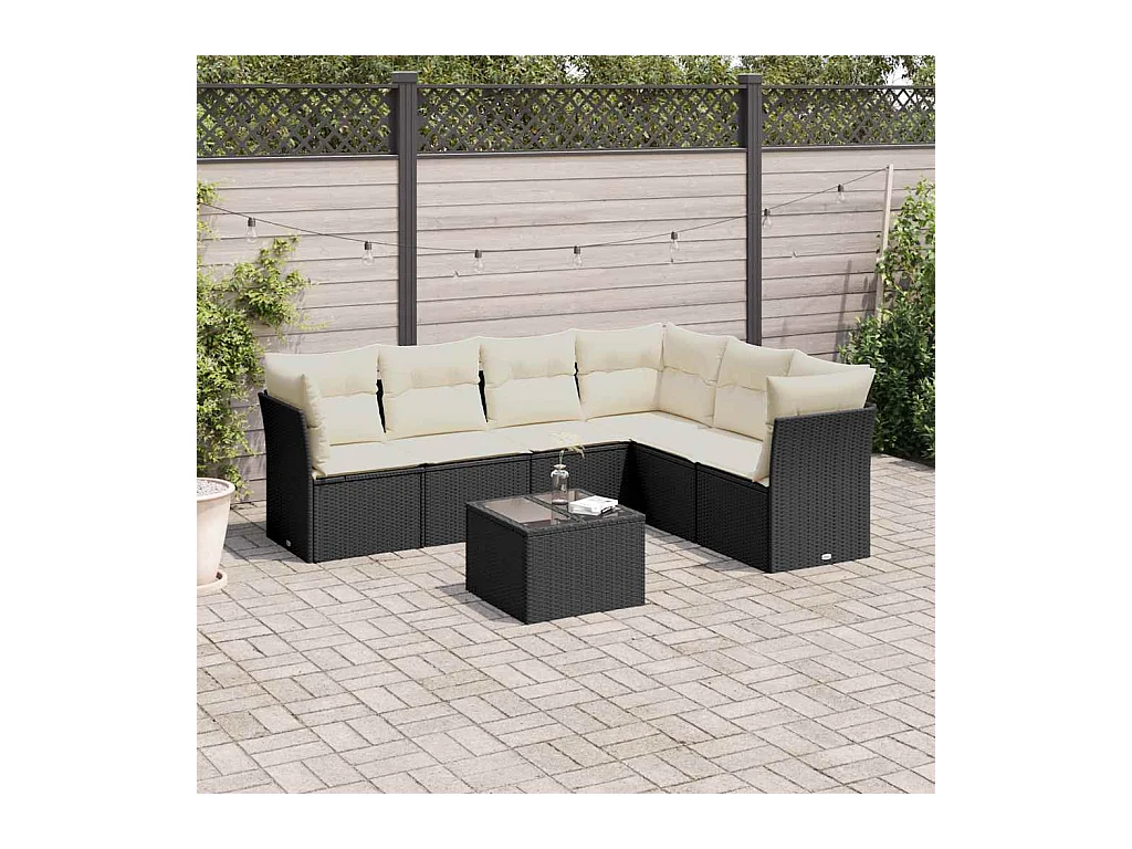 7-delige Loungeset met kussens poly rattan zwart