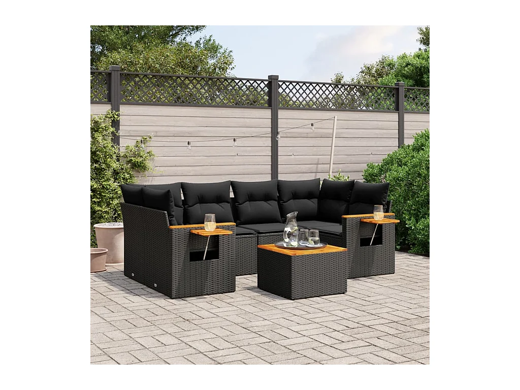 Set de comedor de jardín 7 pzas y cojines ratán sintético negro