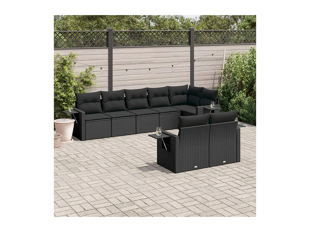 8-tlg. Garten-Sofagarnitur mit Kissen Schwarz Poly Rattan