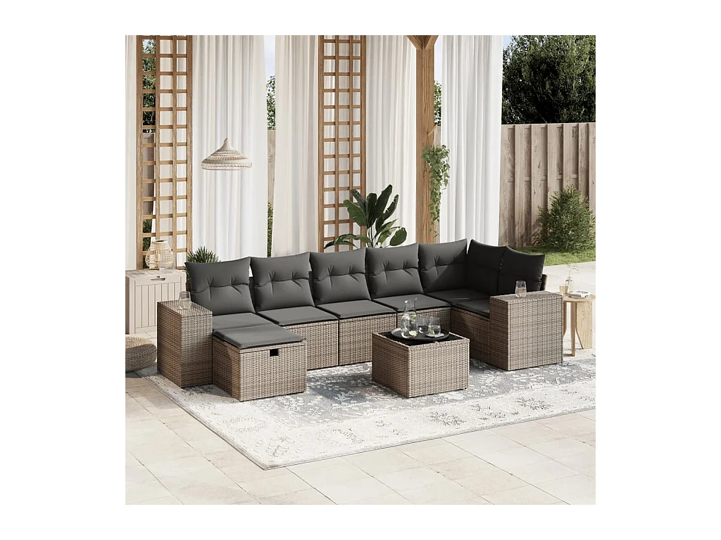 8-delige Loungeset met kussens poly rattan grijs