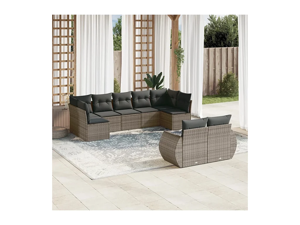 9-delige Loungeset met kussens poly rattan grijs