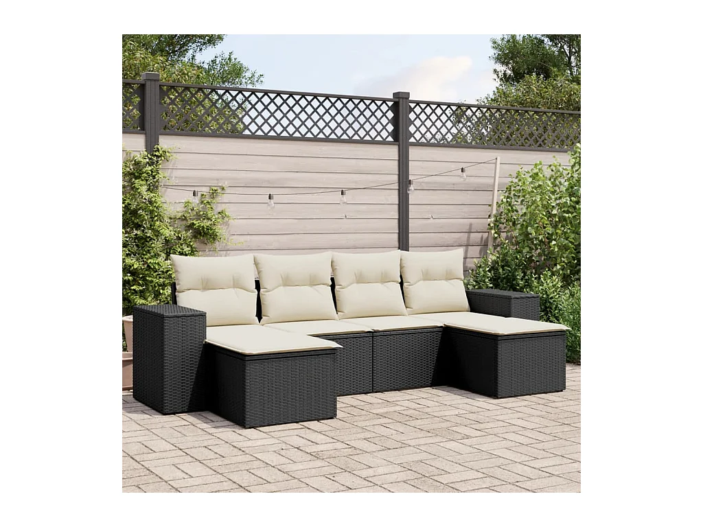 6-delige Loungeset met kussens poly rattan zwart
