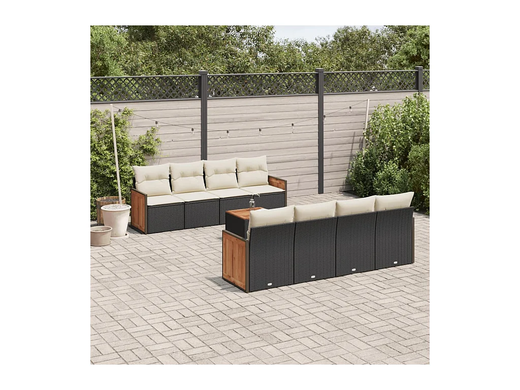 Salon de jardin 9 pcs avec coussins noir résine tressée