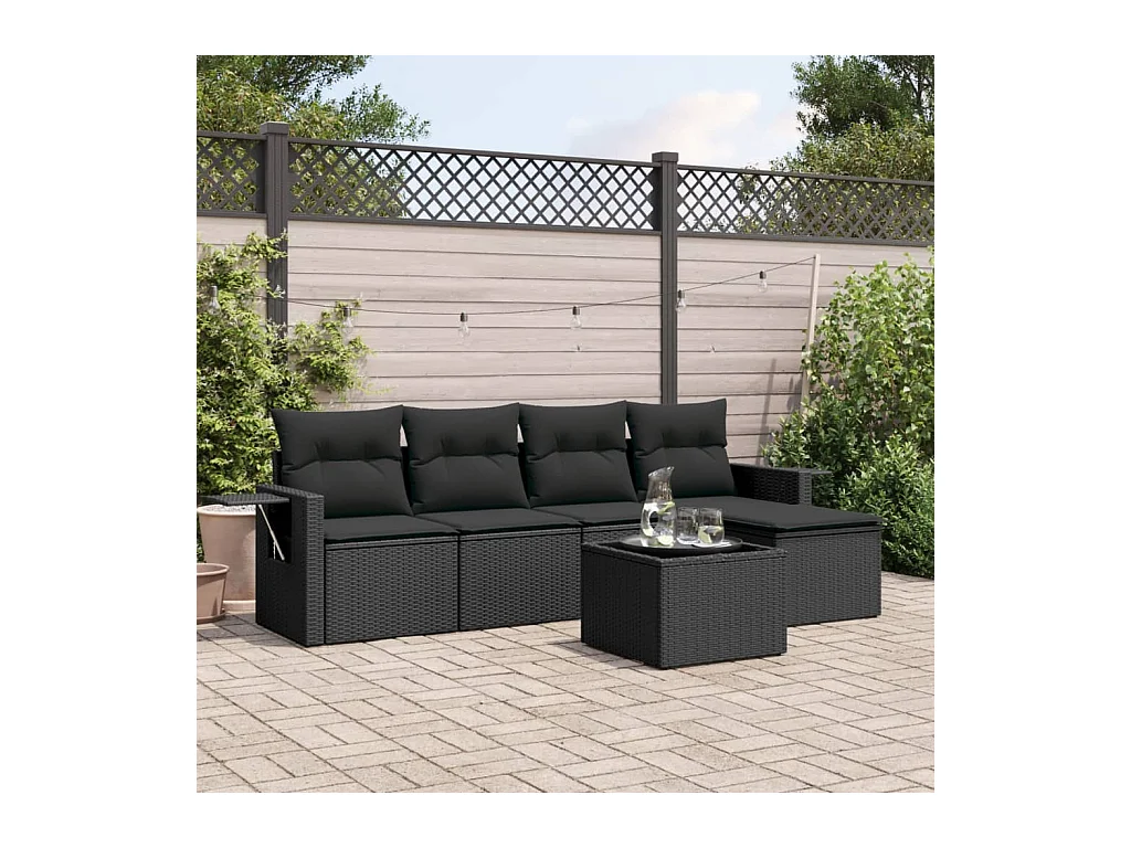 Set Divano da Giardino 6 pz con Cuscini Nero in Polyrattan