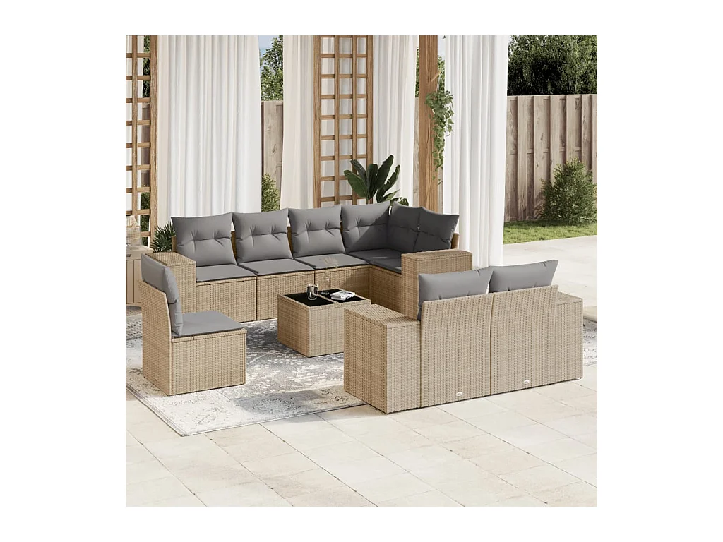 Set Divano da Giardino 9 pz con Cuscini Beige in Polyrattan