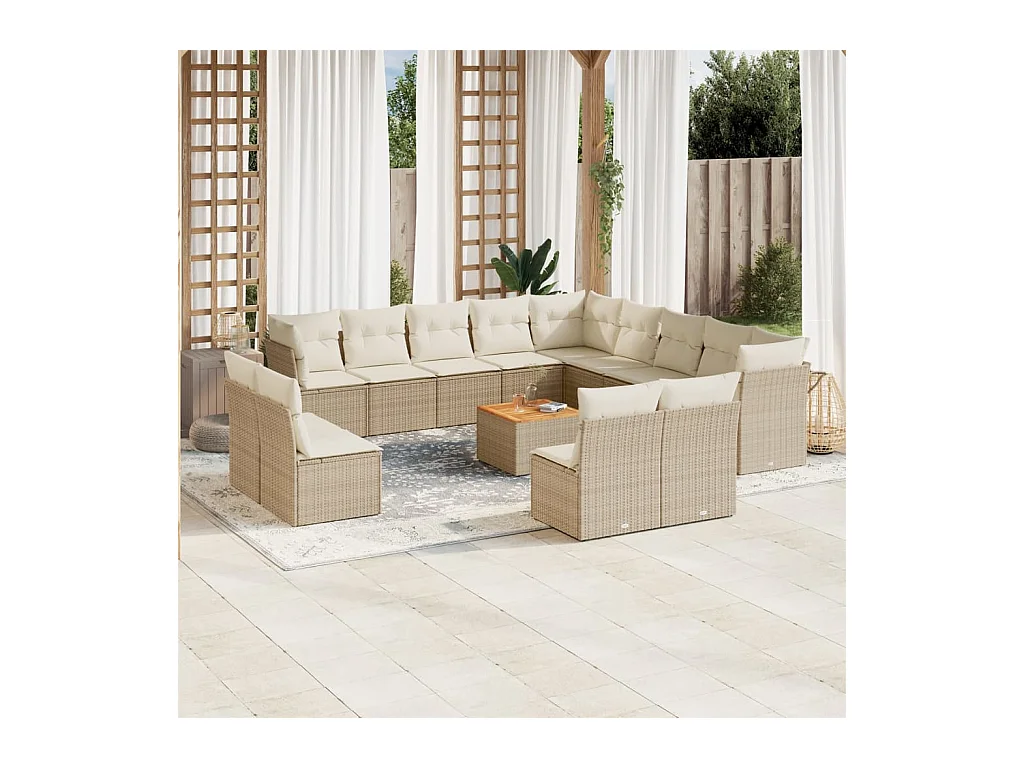 Salon de jardin avec coussins 14 pcs beige résine tressée