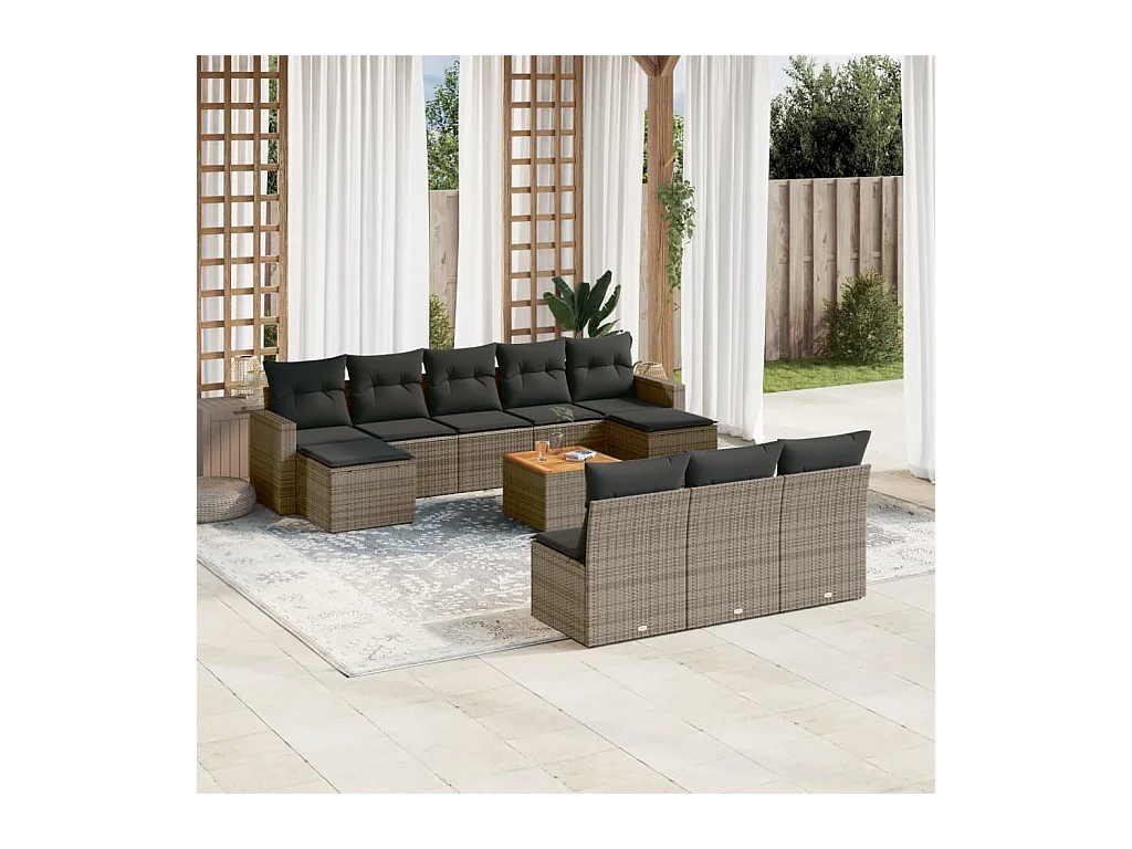 Set Divani da Giardino 11 pz con Cuscini in Polyrattan Grigio