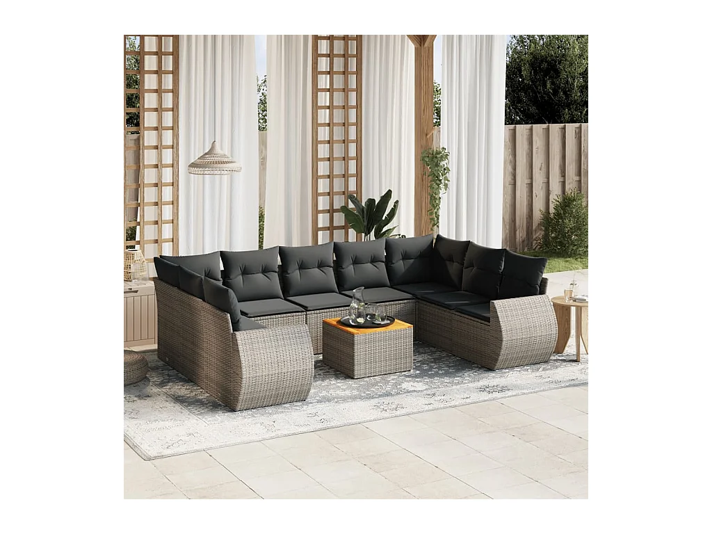 10-delige Loungeset met kussens poly rattan grijs
